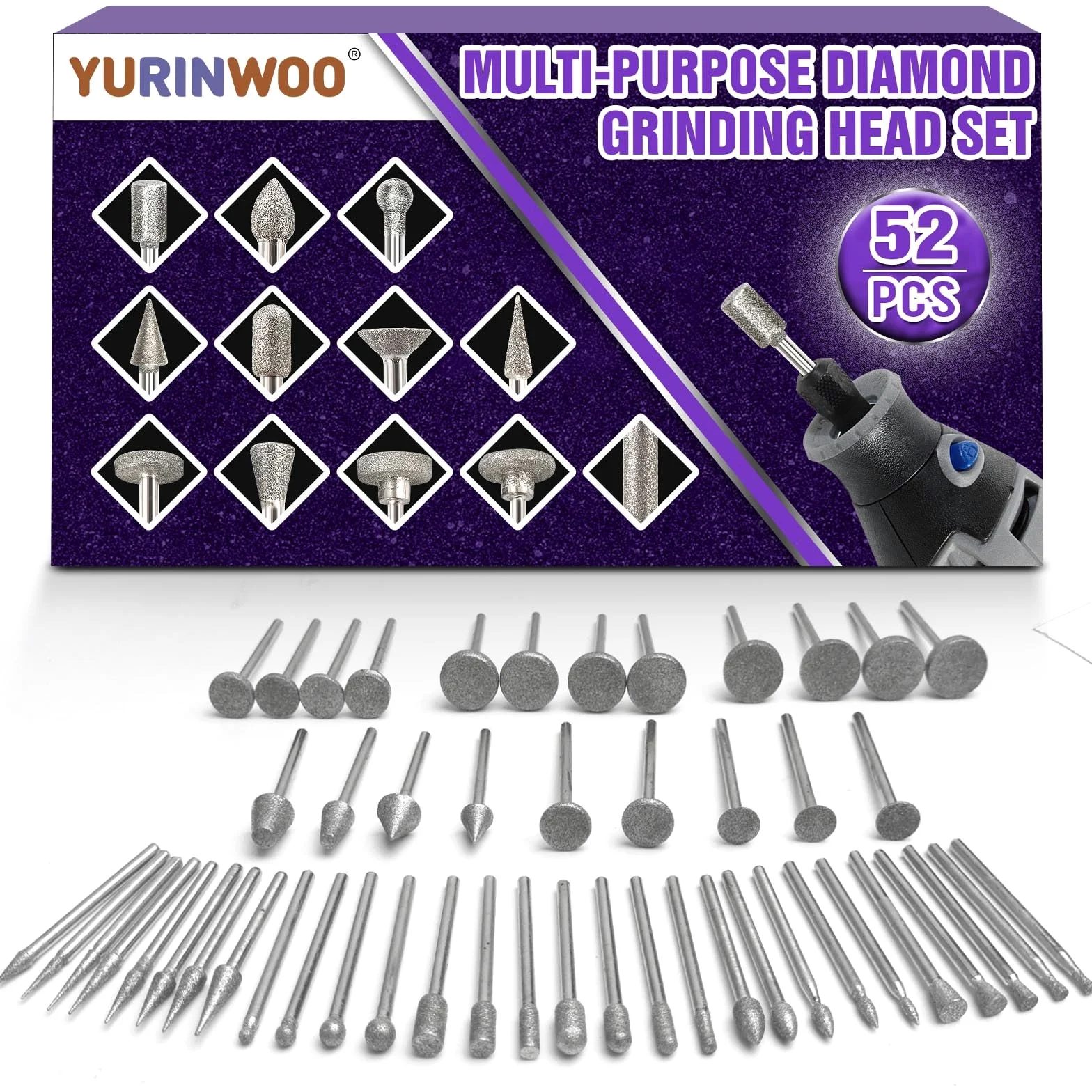 52 Stück Diamant Fräser Set,Diamant Fräser,Kompatibel mit Dremel Schleifaufsätze Rotary Tool Zubehör mit 1/8"(3mm) Schaft Passform für Stein Glas Keramik Schnitzen,Schleifen,Polieren,Gravieren,Bohren