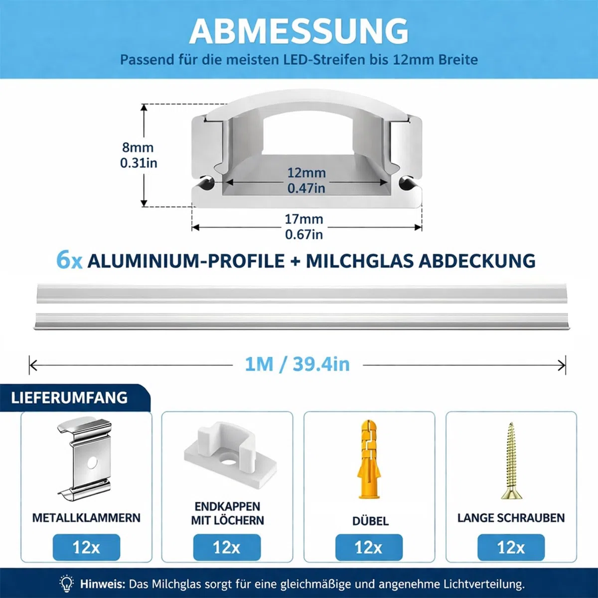 LED Aluminium Profil 6 x 1M für LED Streifen, U-Profil Aluschiene mit Milchiger Abdeckung, LED Strip Kanal inkl. Endkappen, Montageclips & Schrauben, Aufputz LED Schiene - Ideal für Küche & Möbel