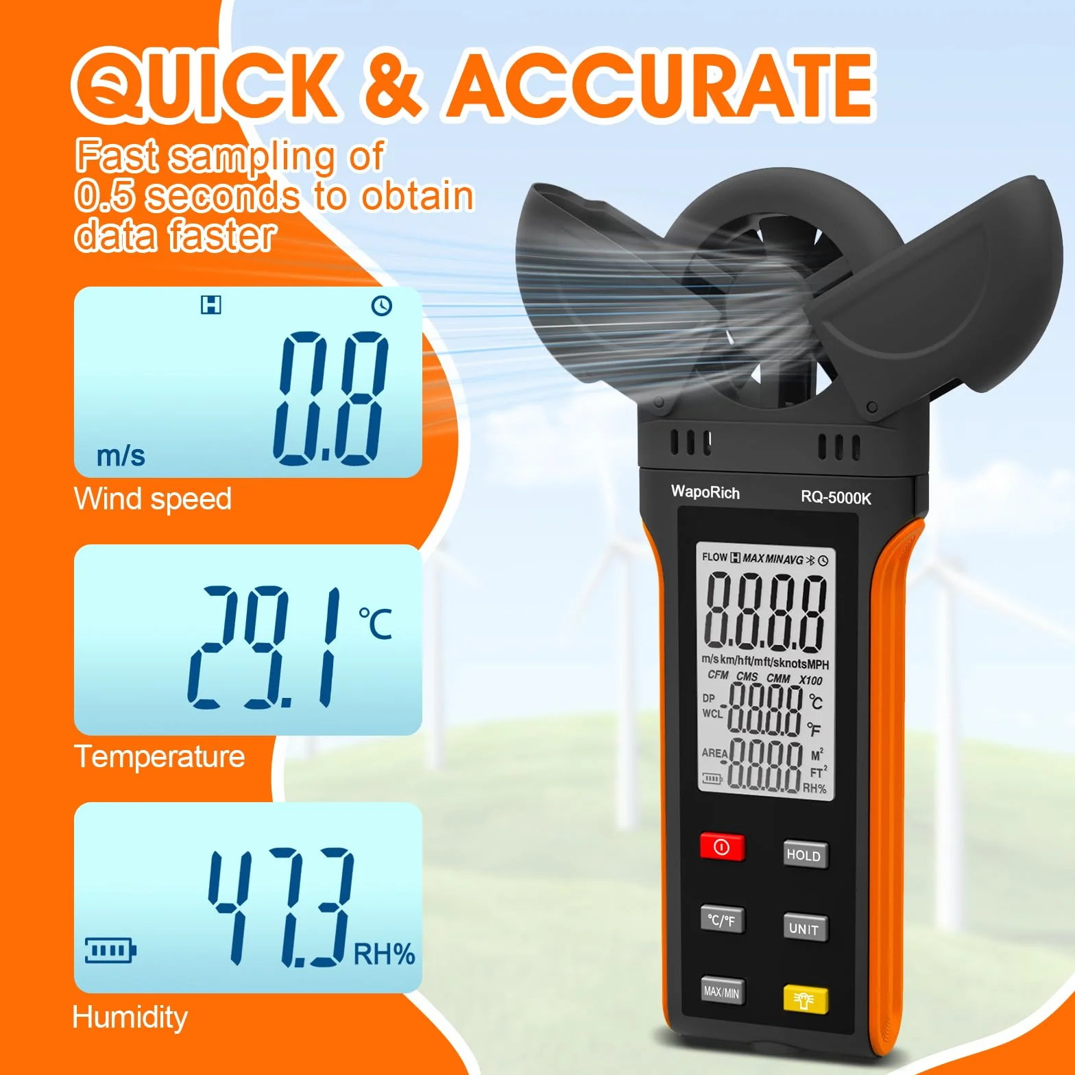Windmesser Windmessgerät, WapoRich Digital Anemometer Handheld Wind Speed Meter Gauge Misst Luftfeuchtigkeit/Temperatur/Windgeschwindigkeit mit MAX/MIN/AVG für HVAC, Segeln, Surfen, Drohne RQ-5000K