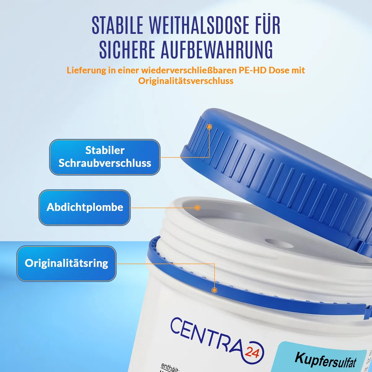 Kupfersulfat 1kg in Dose von Centra24, Made in GERMANY, ohne Antibackmittel, Kupfervitriol, Kupfer-II-sulfat-5-hydrat, CUSO4 5H2O, Kristallzucht, Blaustein, Verkupfern,