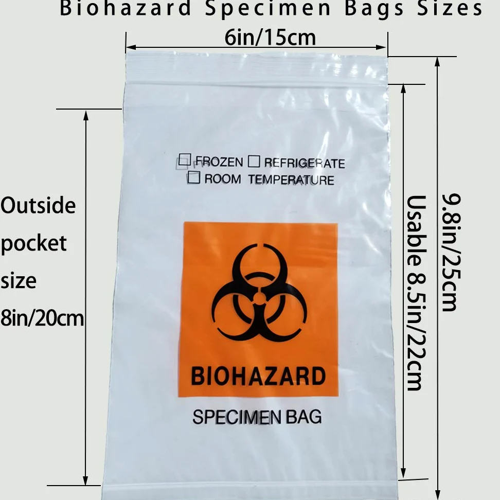Getue daarcin 50 Stück Biohazard Specimen Bags, 15 x 25 cm, Labortasche mit Biohazard-Logo, Reißverschluss, mit Außenfach