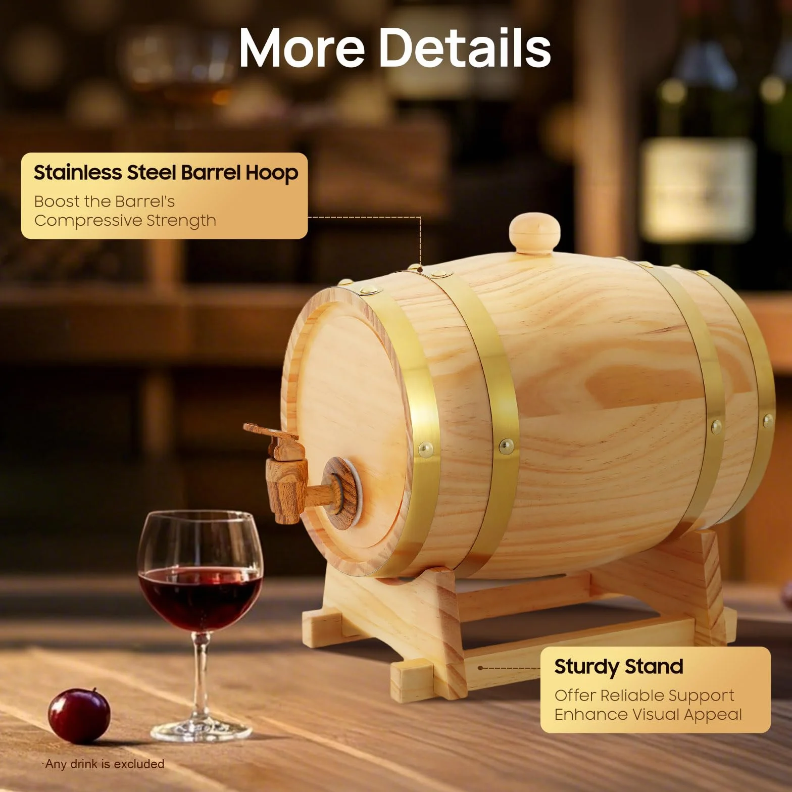 3L Weinfass Holzfass, Original Holz Weinfass für Wein und Whiskey mit Ständer und Zapfhahn Ellipse Weinfass Aufbewahrung für Wohnungen, Bar, Hotels 16 x 23.5cm
