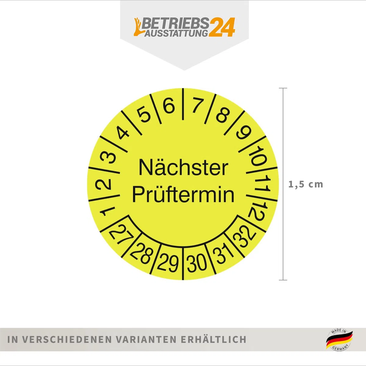 Prüfplakette „Nächster Prüftermin“ - Rolle mit 1000 Stück - Fälschungssicher - Dokumentenfolie, selbstklebend Ø 1,5 cm - gelb/schwarz - Jahre: 2027 – 2032 - Prüfetiketten