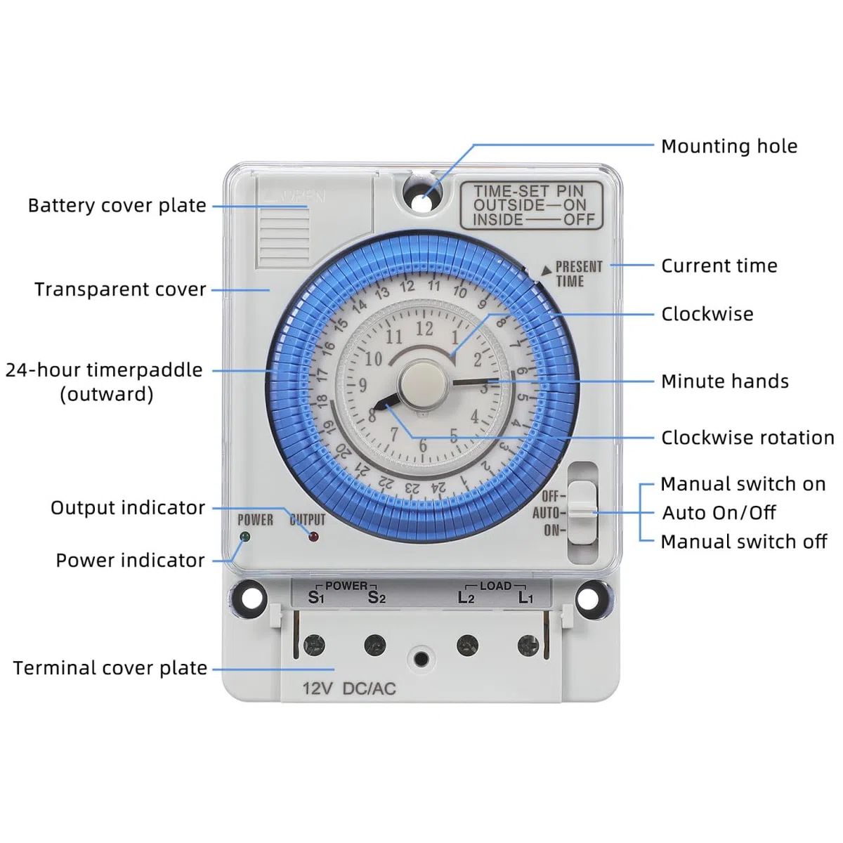 TOYANDONA Mechanische Zeitschaltuhr 12 v Dc mit Tragbarem Timer und Analogem Tagesprogramm für Haushalt und Industrieeinsatz