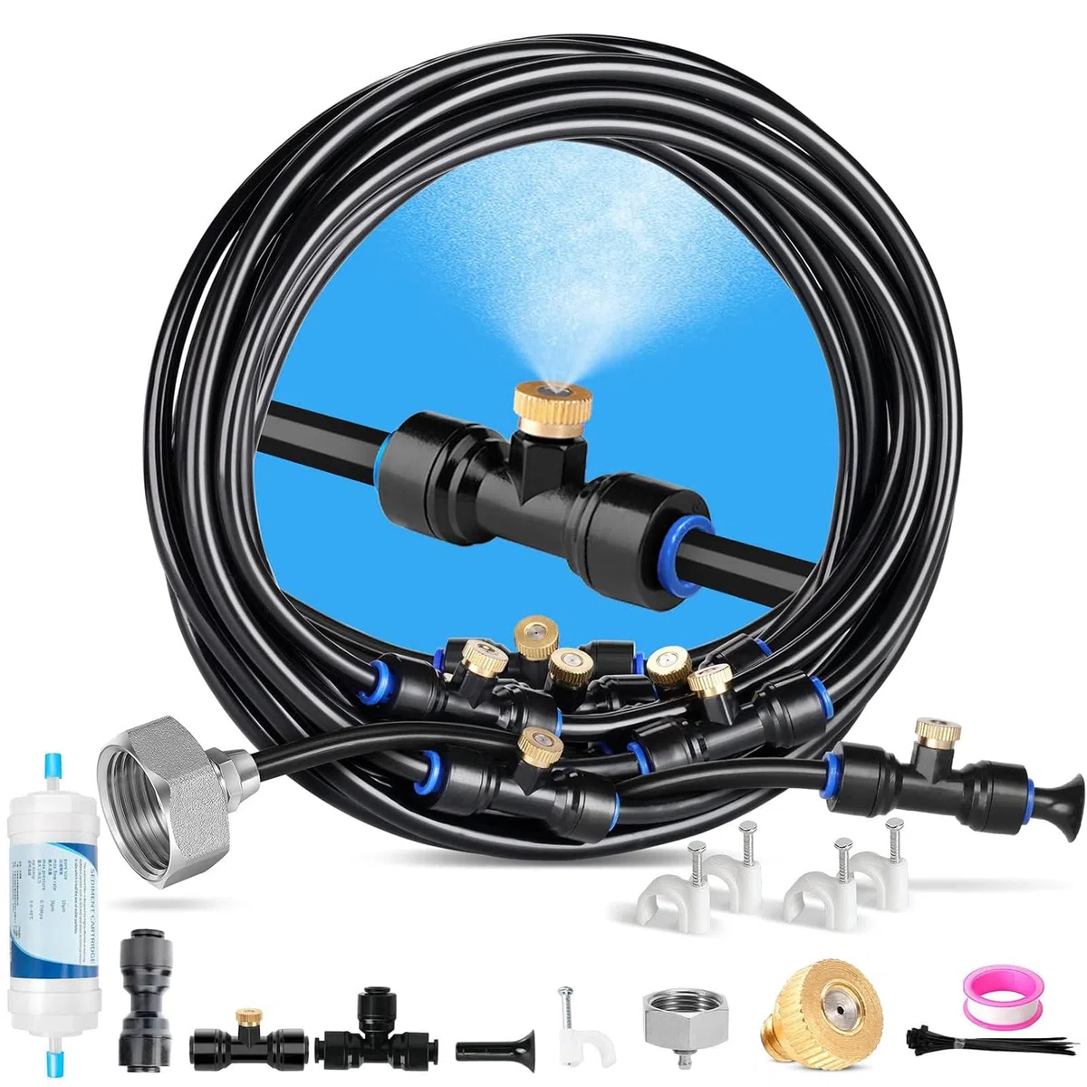 Sprühnebel Terrasse für Den Außenbereich, Sprühnebel Kühlung mit Messing Nebeldüsen & Wasserfilter,Vormontiertes Wassernebel, KüHlung für Gewächshäuser (8M)