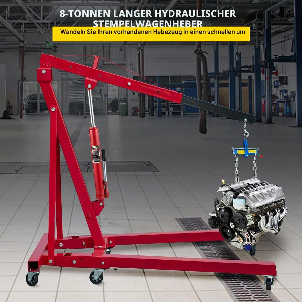 VEVOR Hydraulischer Langer Rammenheber, 8 Tonnen/17363 lbs Kapazität, mit Einzelkolbenpumpe und Gabelkopfsockel, manueller Hubarbeitsbühnenheber mit Griff, für Garagen-/Ladenkräne, Motorhubwerk, rot