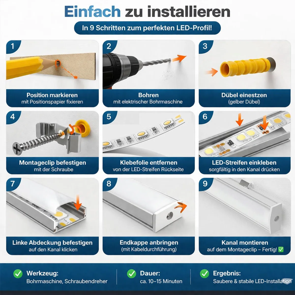 LED Aluminium Profil 6 x 1M für LED Streifen, U-Profil Aluschiene mit Milchiger Abdeckung, LED Strip Kanal inkl. Endkappen, Montageclips & Schrauben, Aufputz LED Schiene - Ideal für Küche & Möbel