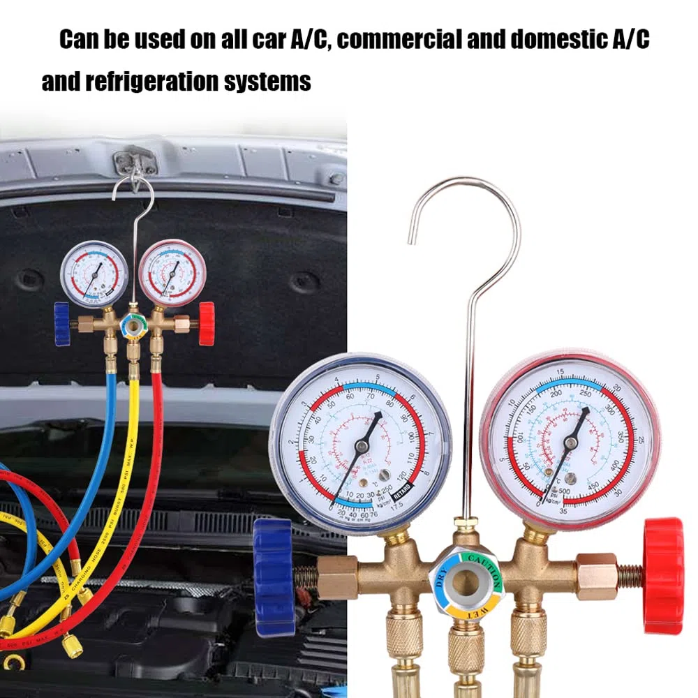 Weytoll Kältemittel Befüllung Schlauch, Kältemittel Manometer mit Schlauch und Haken, Auto AC Kältemittelaufladung Druckuhr-Armatur für Klimaanlagenprüfung, -20 ℃ bis 60 ℃ R12, R22, R404A,R134A