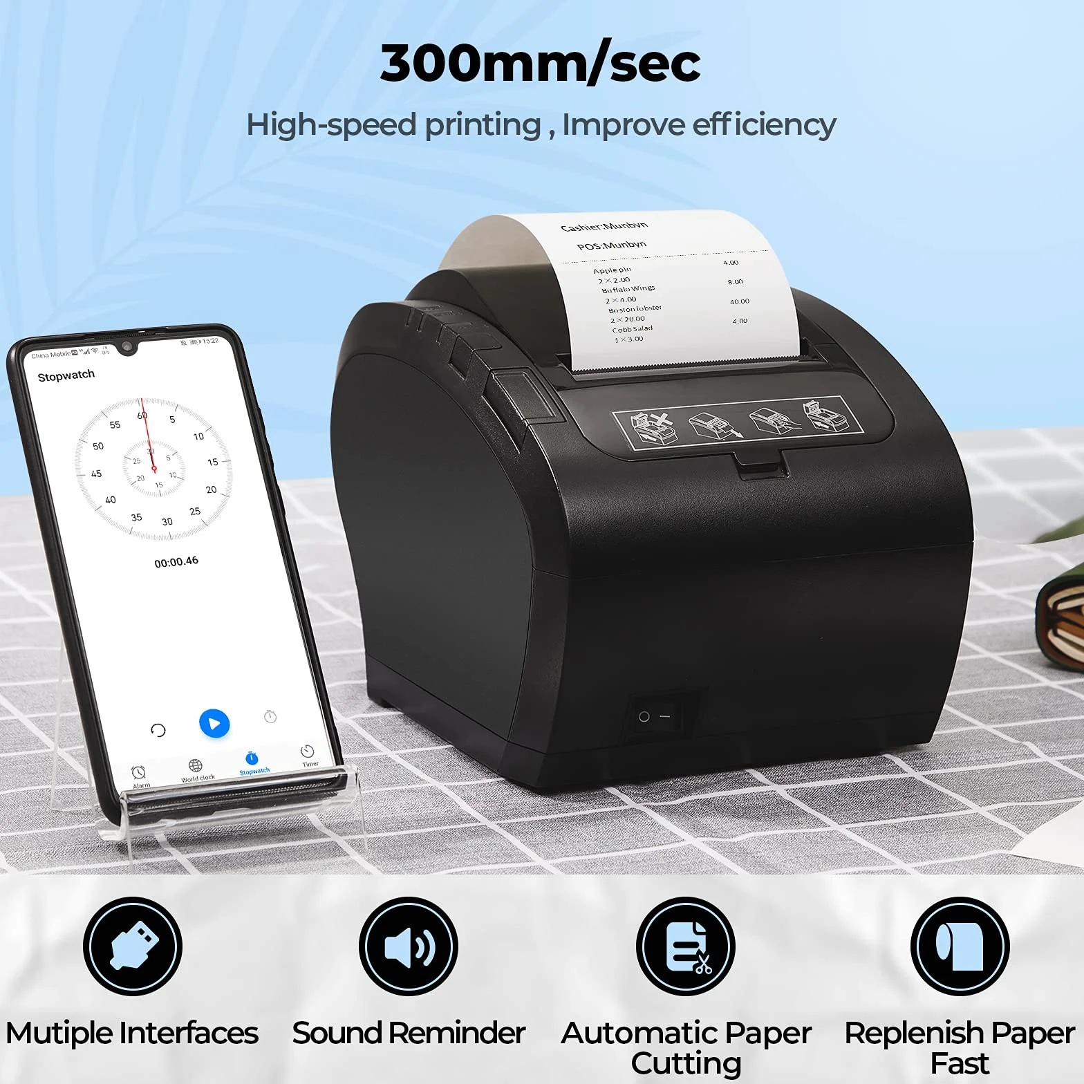 MUNBYN Thermodrucker Bluetooth 300mm/s Bondrucker Belegdrucker Quittungsdrucker Auto-Cut für Schublade,Hochgeschwindigkeits BT/USB/LAN【Unterstützt Nicht iOS, PayPal, DoorDash, Grubhub, Vagaro】