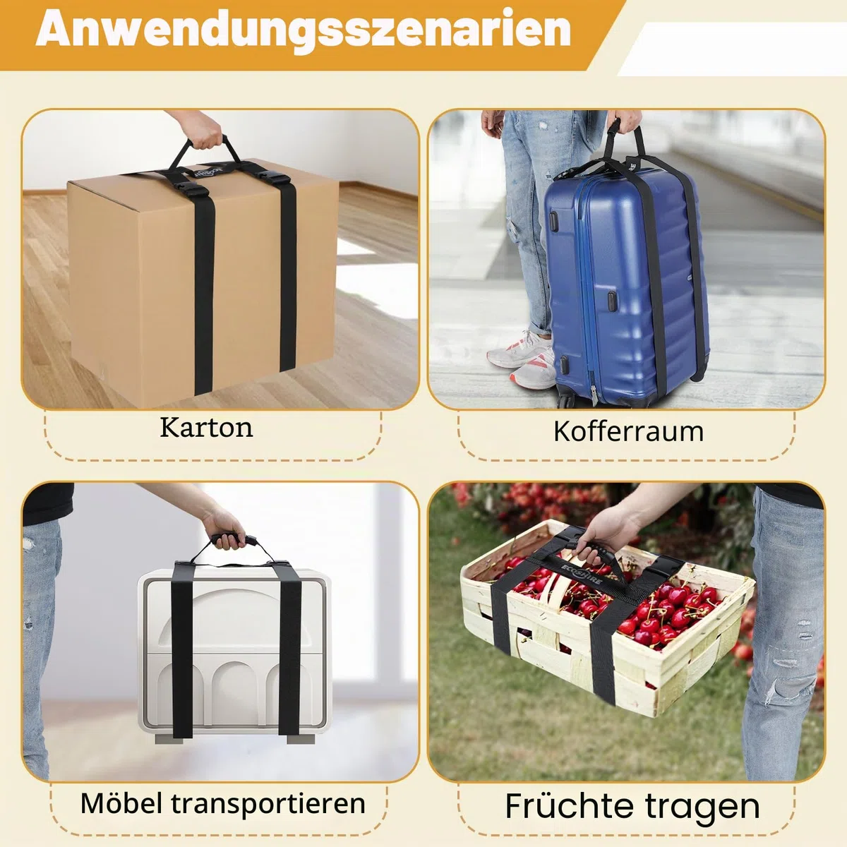 Tragegurt mit Griff, Handgurt zum sicheren Bewegen und Anheben Schwerer Boxen, Verstellbarer Gürtel, H-förmige Tragegurte, geeignet für Zylinder, Campingmatte (199,9 cm)