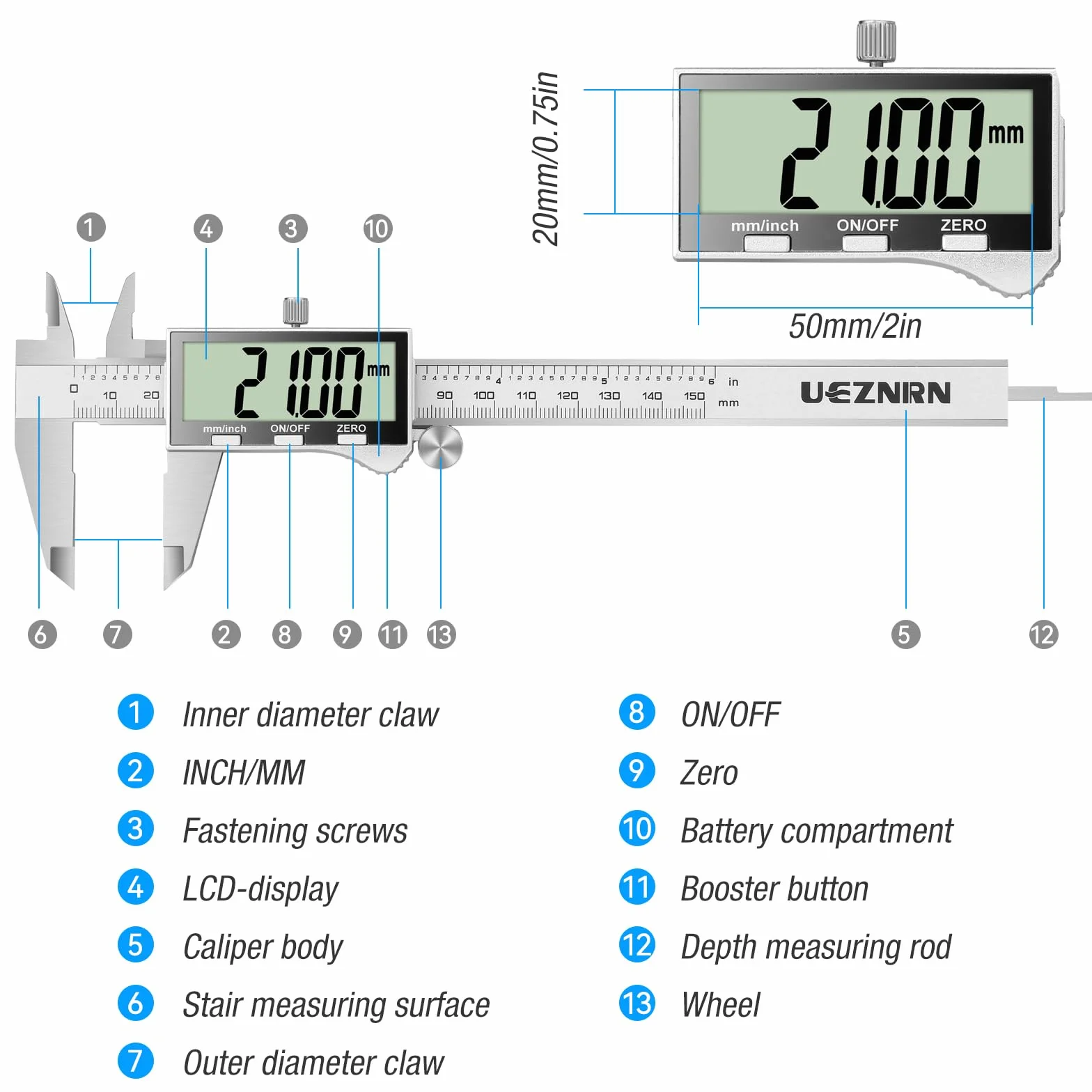 Ueznirn Messschieber Digital mit Großem LCD-Bildschirm, Schieblehre Digital mit Spritzwasserschutz und Staubschutz, Messschieber mit Ersatzbatterie und Aufbewahrungsbox (Silbrig)