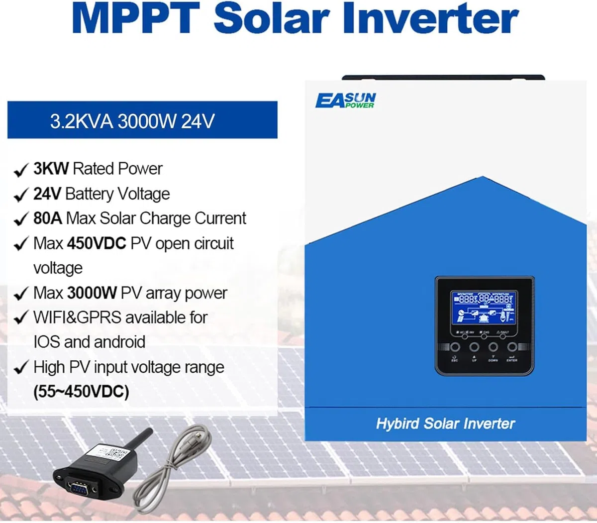 3,2 kVA 3 kW Hybrid Wechselrichter, Solar Wechselrichter mit PV 55–430V Off Grid reinem Sinus, 24V DC auf 230V AC, mit WLAN-Modul, solar inverter mit 80 A MPPT, AC-Ladegerät für AGM- und GEL-Batterien