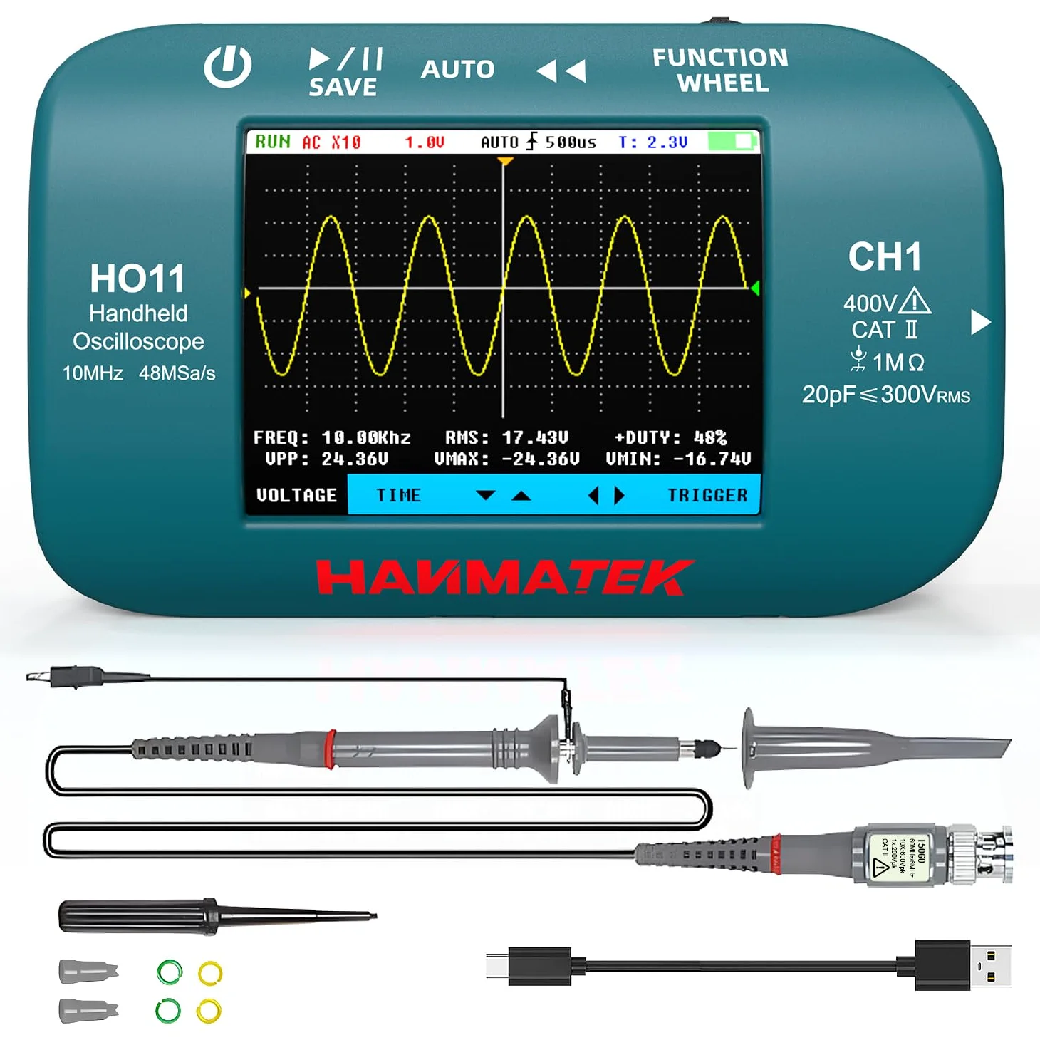 HANMATEK HO11 Handheld Digital Oszilloskop - 10MHz Bandbreite, 48MSa/s Hochpräzisionsabtastung, 2.8“ TFT Display, USB aufladbar, fortschrittliches Triggersystem, tragbar für Feldarbeit