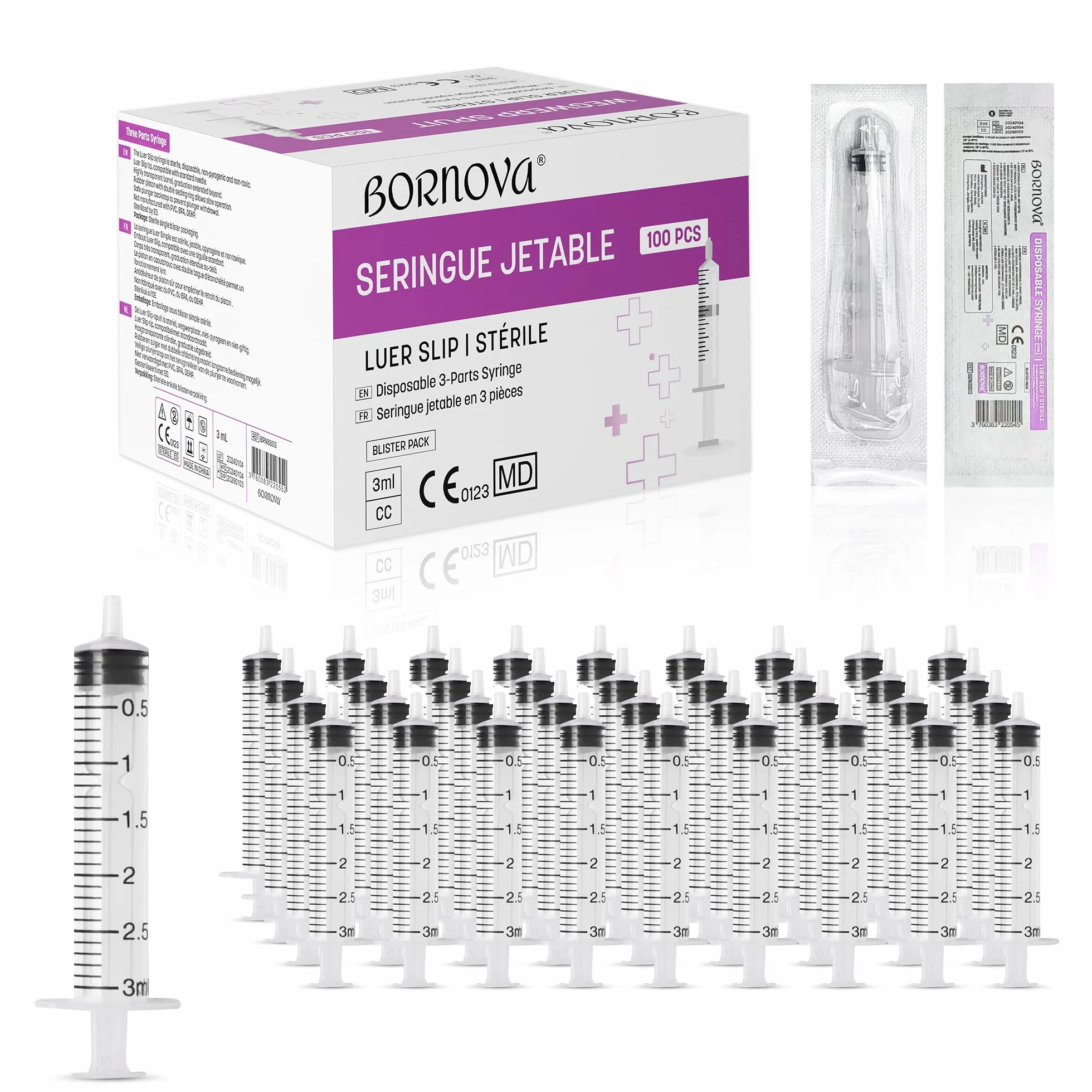 BORNOVA - 3 ML /100 Stück - Flüssigkeitsspendern aus Kunststoff ohne NDL, Geeignet für Laboratorien, Flüssigkeitsmessung, Gartenarbeit industrielle Anwendungen. (3 ml / 100 Stück)