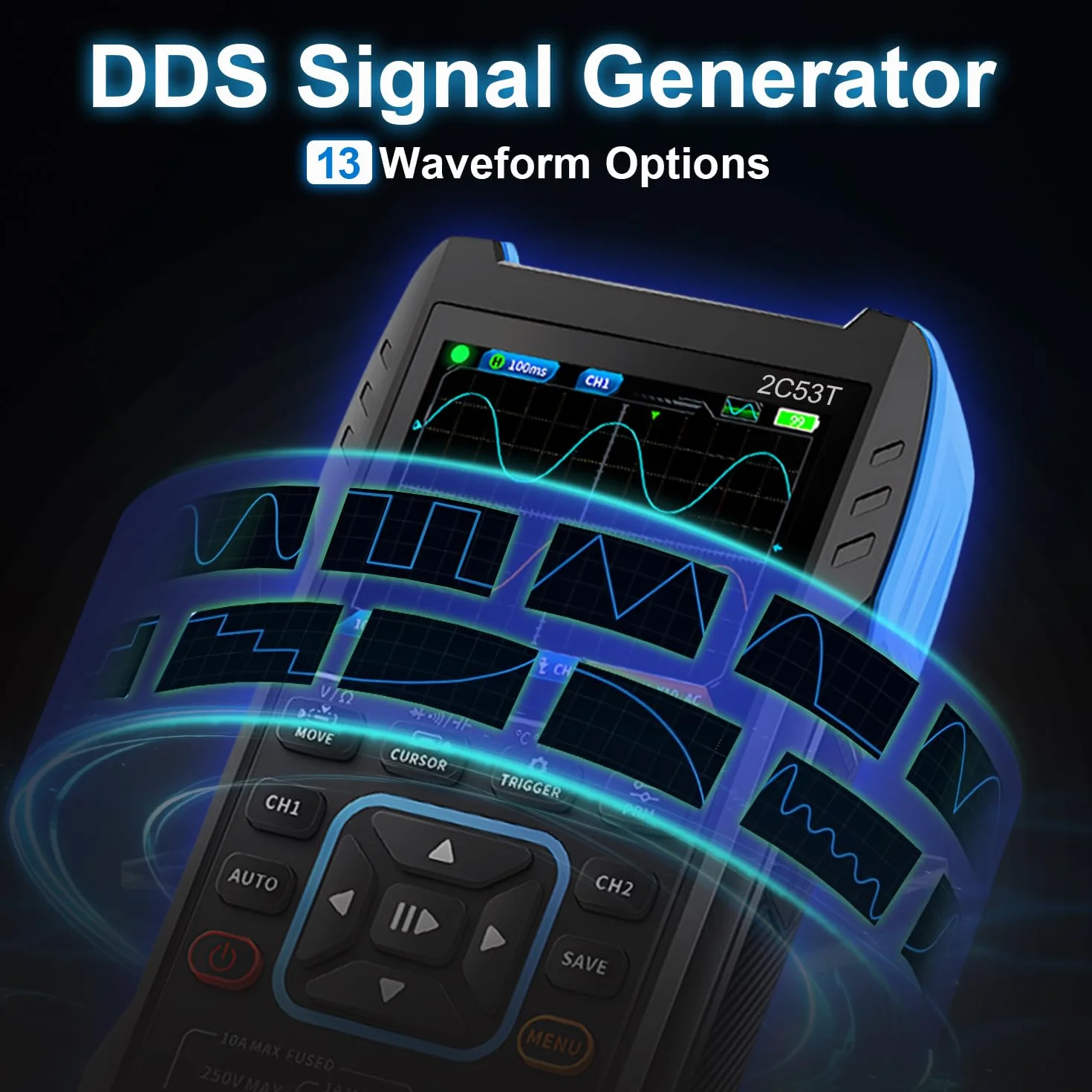 Handheld Oszilloskop 3in1 Upgrade Digital Oszilloskop, Multimeter, DDS Generator mit Doppelkanal, 250MS/s Abtastrate, 50MHz Bandbreite, 19999 Zählungen, Spannung, Strom, Kondensator, Widerstand, Diode