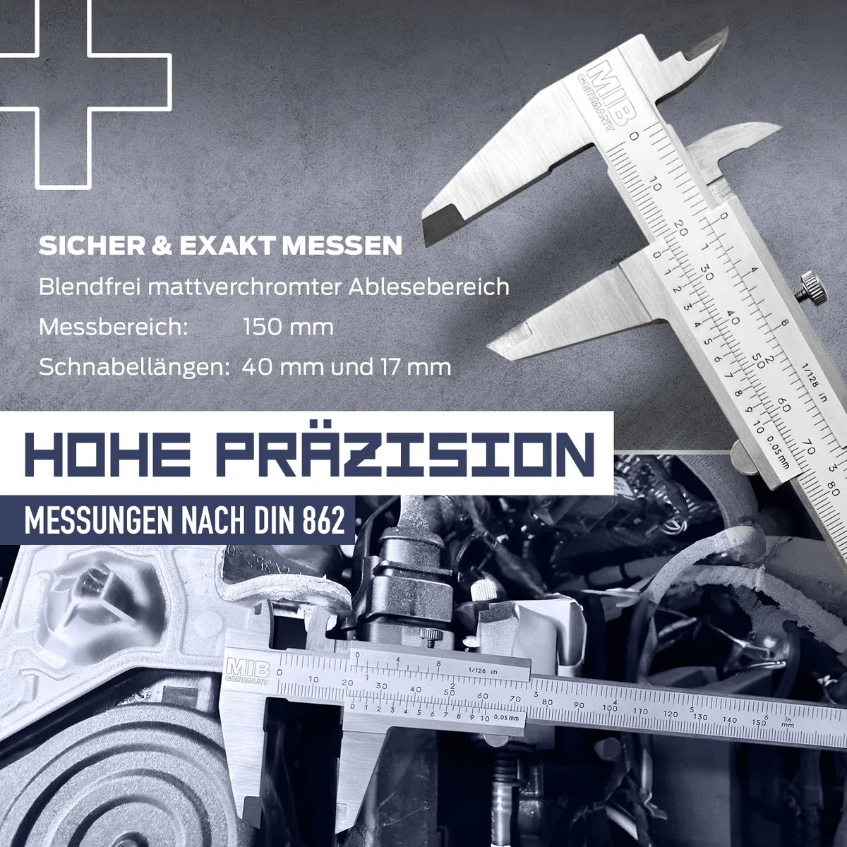 MIB Messschieber mit Feststellschraube DIN 862 150mm | Schieblehre rostfreier Stahl | Analog Messschieber | Schublehre mattverchromt | Präzisions-Messgerät für 4-fach Messung | Messwerkzeug