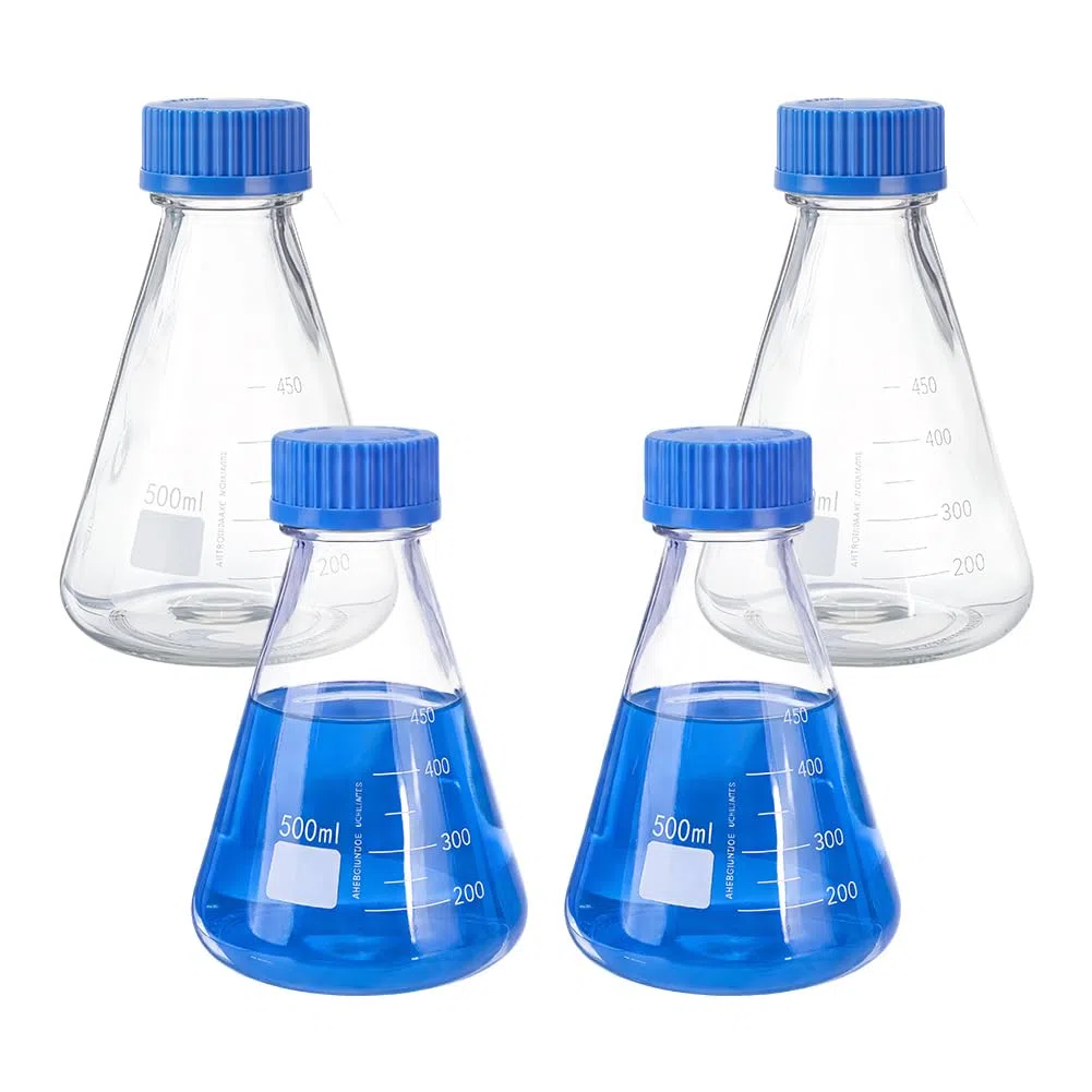 OLYCRAFT 4 Erlenmeyerkolben Set Mit Blauem Deckel 500 ml Aus Glas Mit Aufgedruckter Graduierung Konische Glasflaschen Mit Blauem Deckel Für Laborexperimente