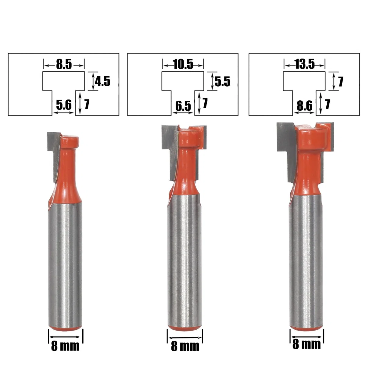 5-tlg T-Nutfräser 8mm Schaft,T-Track Schlitz Holz Fräser,T-Nutfräser-Set,Fräser für Oberfräse Holzbearbeitung