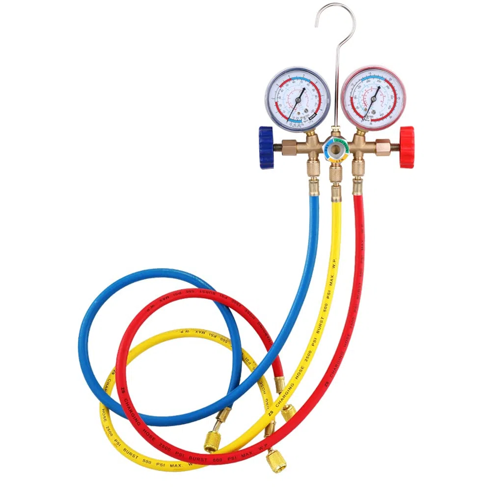 Weytoll Kältemittel Befüllung Schlauch, Kältemittel Manometer mit Schlauch und Haken, Auto AC Kältemittelaufladung Druckuhr-Armatur für Klimaanlagenprüfung, -20 ℃ bis 60 ℃ R12, R22, R404A,R134A