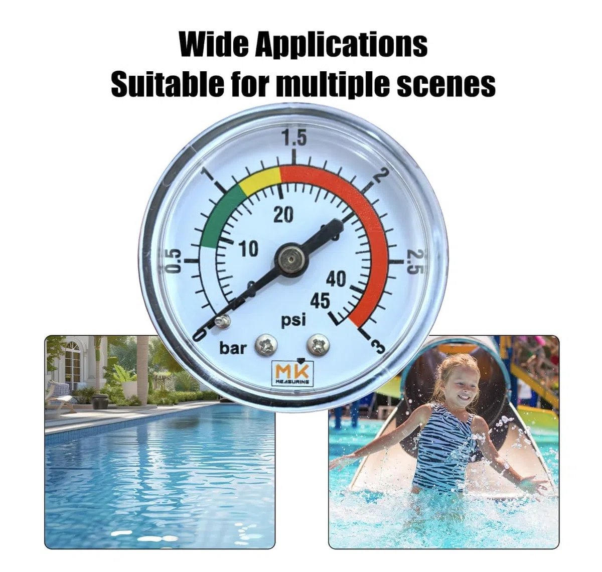 Poolfilter-Manometer 0-3 bar / 45 PSI, 1/4" BSP Messinganschluss axial, 2" Zifferblatt, für Sandfilteranlagen – Inkl. Teflonband und 1/8" Adapter