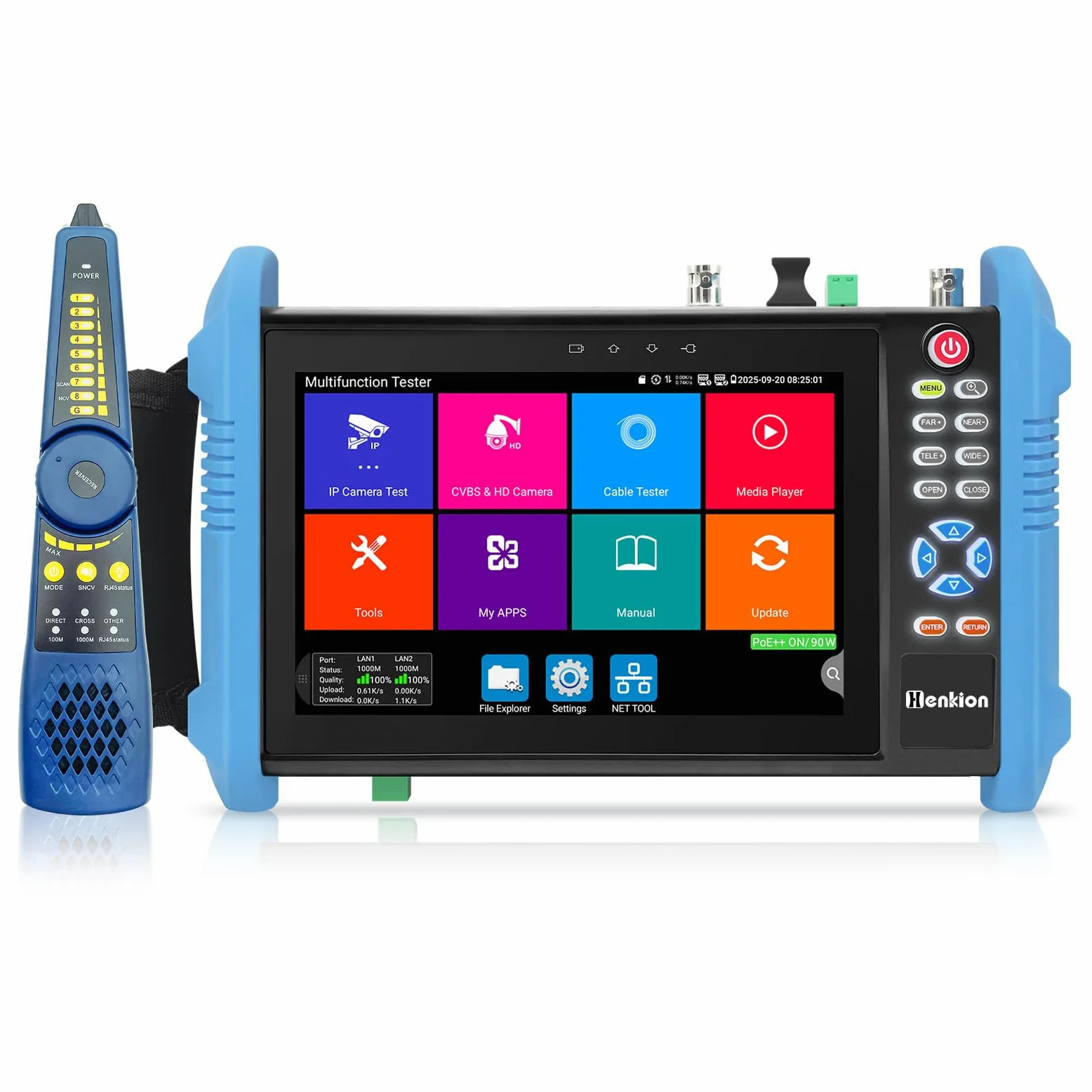 Henkion CCTV Kamera Tester, 8K 32MP 4K 12MP IP Kameratester mit POE++ 90W, 7" IPS Touchscreen Kabel Tester Netzwerk Tools Unterstützung 1CH SFP Schnittstelle IPC Tester IPC-9800CPro mit Kabelverfolger