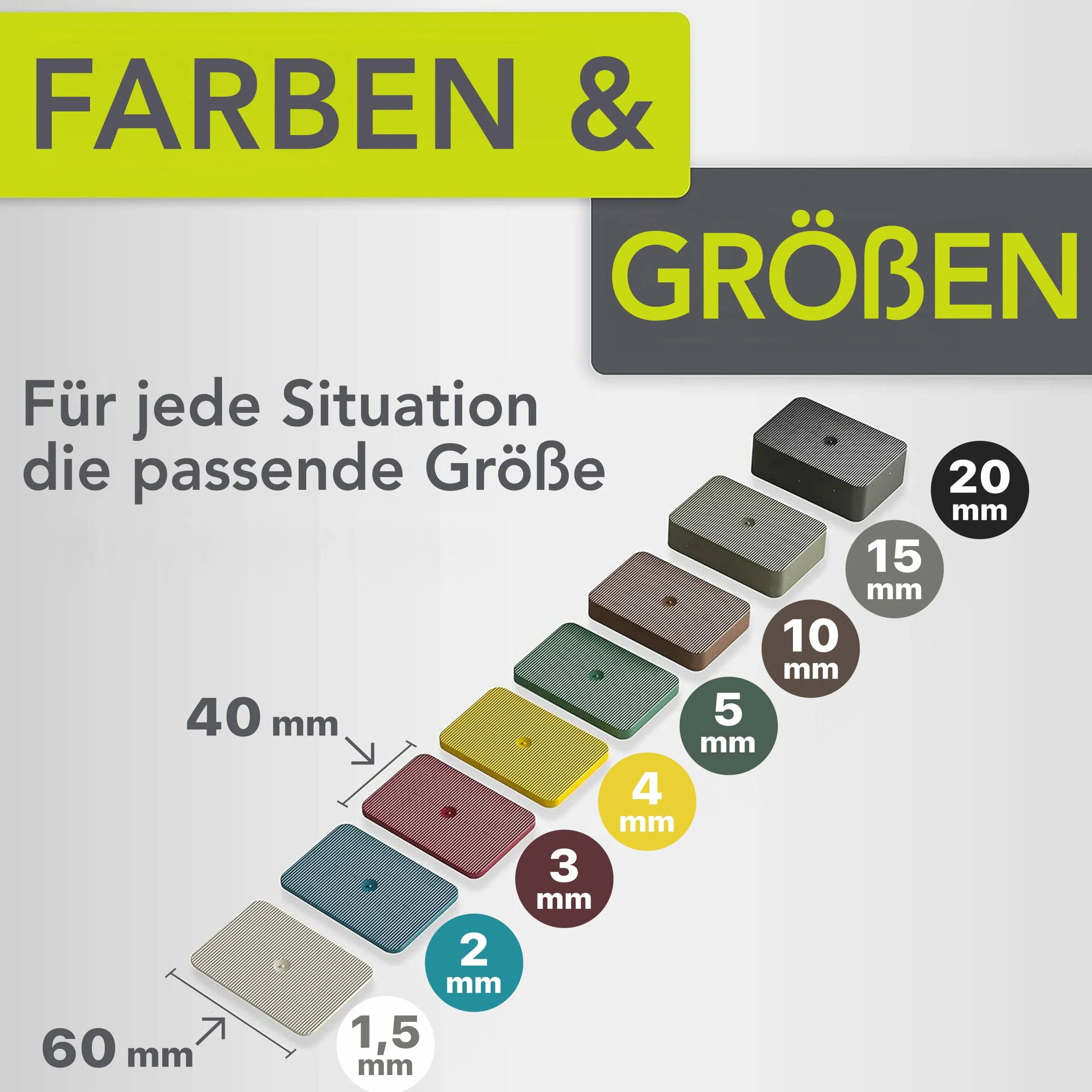 Premium Unterlegplatten | 60 x 40 mm, 80 Stk Mix | Abstandshalter, Plättchen aus Kunststoff, Unterlegklotz, Distanzhalter | Tragfähigkeit bis 16 t | Set je 10x 1.5,2,3,4,5,10,15,20 mm