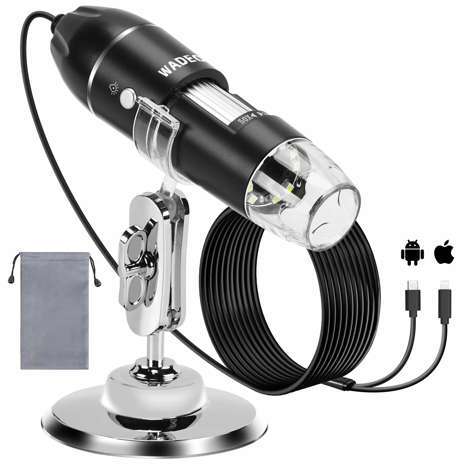 WADEO Digital Mikroskop, USB Mikroskop 1440P HD mit 50X-1600X Vergrößerung, Tragbare Inspektionskamera WiFi-frei, Kabeliges Handmikroskop mit 8 LED und Ständer, iOS, Android und Tablets kompatibel