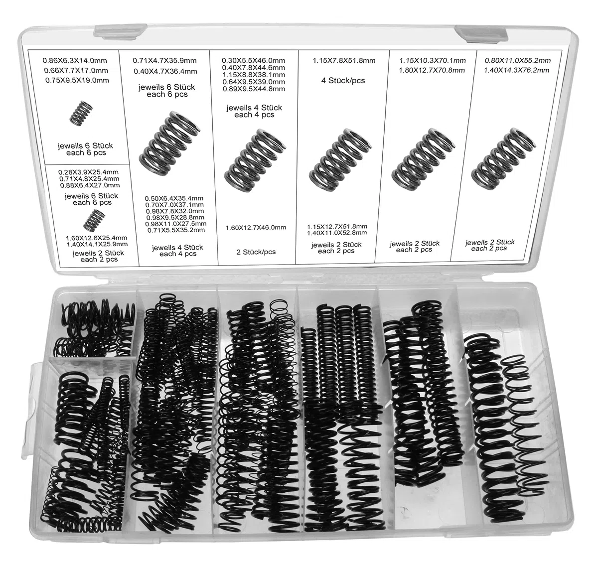 Alkan Druckfedern Spiralfedern 114-tlg Stahlfedern Set schwarz | Metallfedern aus Federstahl, Druckfedern/Sprungfedern mit schwarzem Finish für Reparatur, Modellbau & Werkstatt