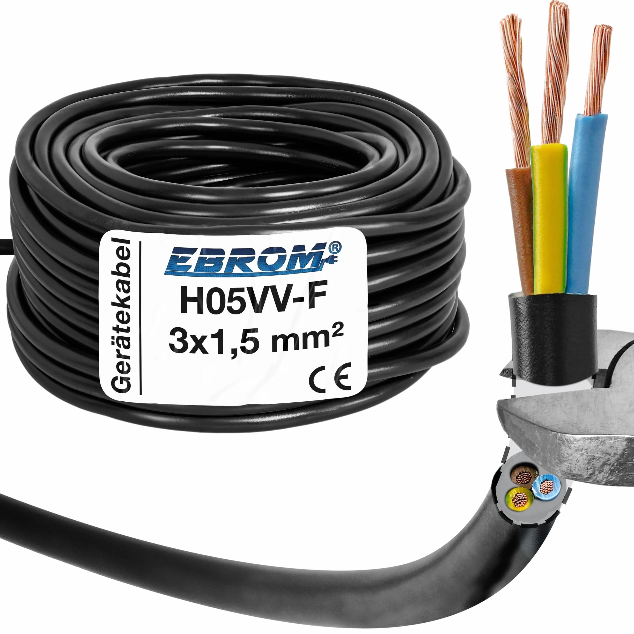 EBROM Schlauchleitung Gerätekabel -RUND- H05VV-F 3x1,5 mm², schwarz, 15 m | von 5 bis 150 m - flexibel RUND - 3x1,5 mm2, z.B. für Haushaltsgeräte Elektrowerkzeuge Verlängerung, mittlere Beanspruchungen