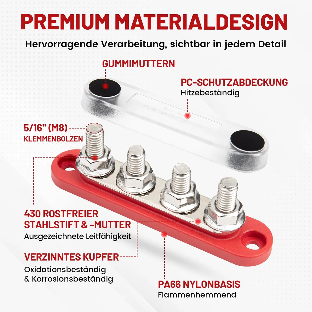 RED WOLF 150A Sammelschiene Verteilerblock 12V-48V DC für Auto Marine RV Wohnmobil Lkw Elektrik System Klemmleisten, Positive Masse Stromverteilungsblock Busbar mit 4 x M8 Klemmenbolzen