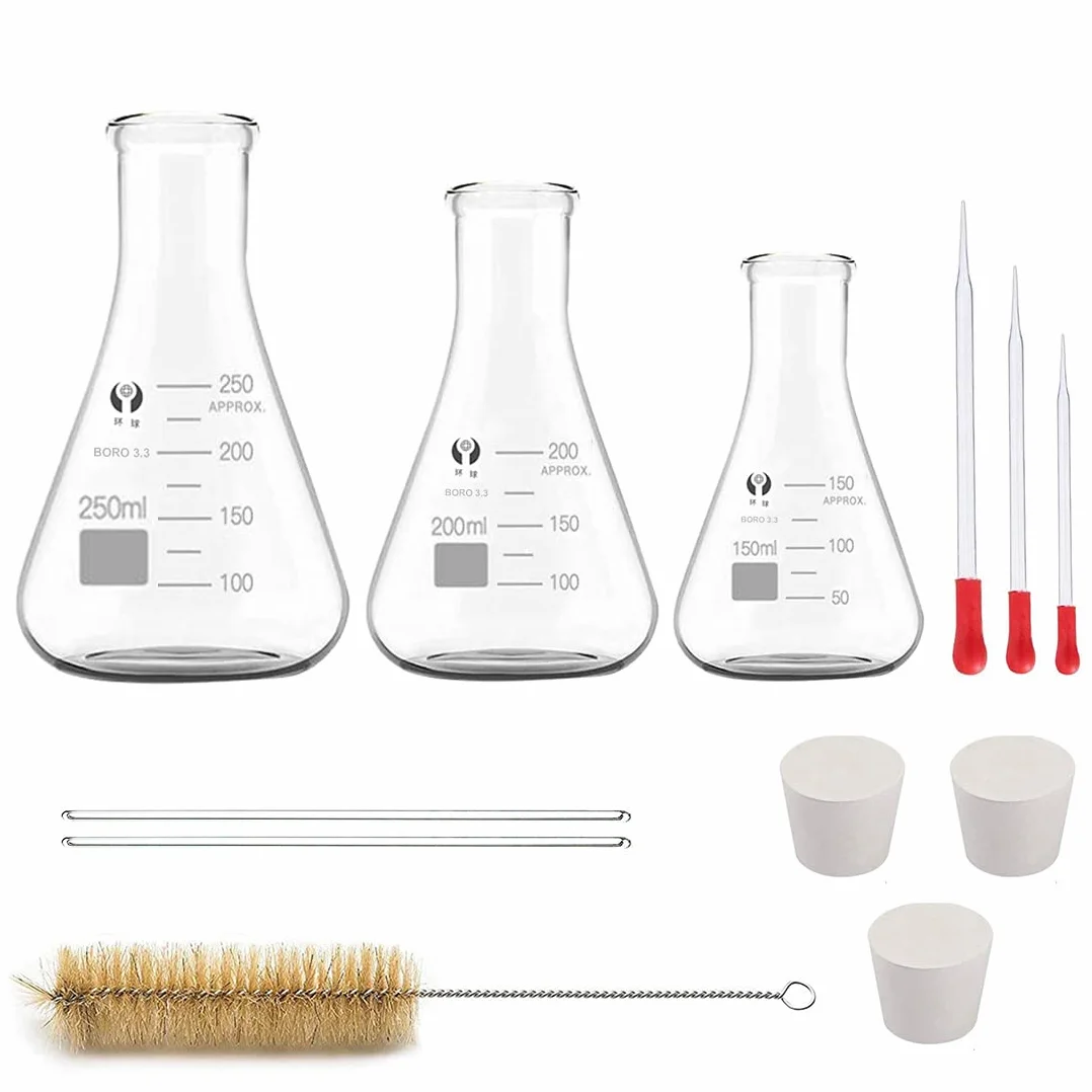 Glas Erlenmeyerkolben Set, JESTOOLO 250ml 200ml 150ml Konisch Fläschchen, 10 ml/5ml Messzylinder Glas mit 3 Glas Pipetten, 2 Waschbürste und 2 Glasstab, für Labor Lebensmittel Forschung Medizin