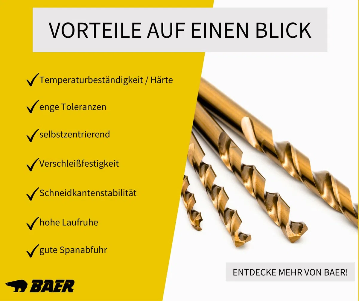 BAER HSS-E Spiralbohrer Set M3–M12 | 10-tlg. Kernlochbohrer Satz mit 5% Cobalt (DIN 338) | Metallbohrer für Stahl, Edelstahl V2A, INOX, Eisen, Aluminium | BaerCoil Stahlbohrer Set