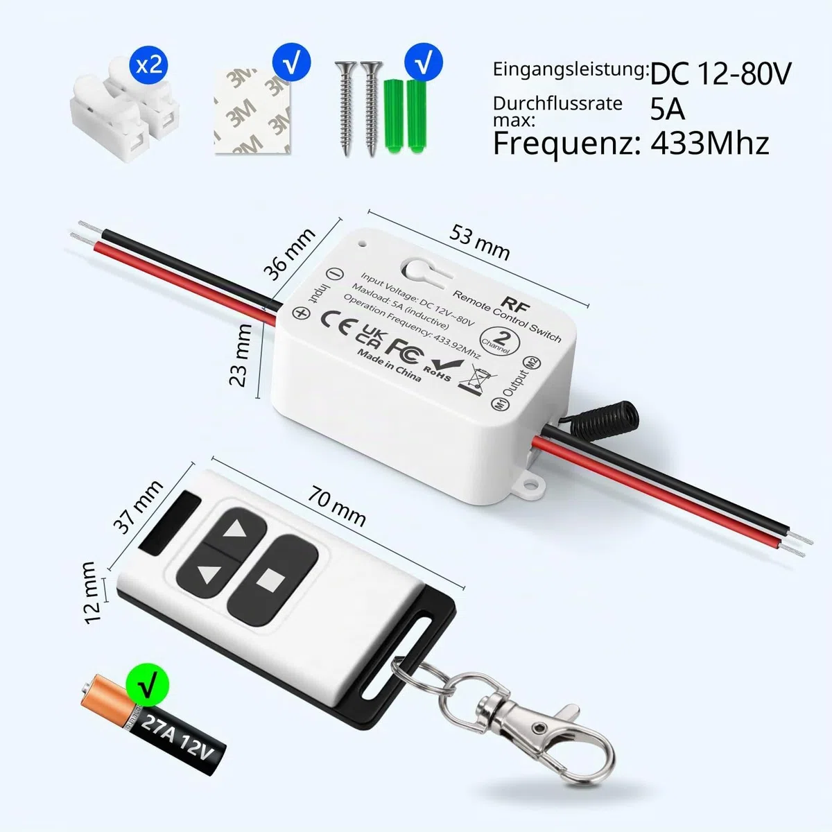 Funk-Fernbedienung für Gleichstrommotoren, 12V 24V 48V 80V Linearantrieb Steuerung für Rolltore/elektrische Rollos/Schlösser/Wasserpumpen - Motor Vorwärts/Rückwärts mit 2 Fernbedienungen
