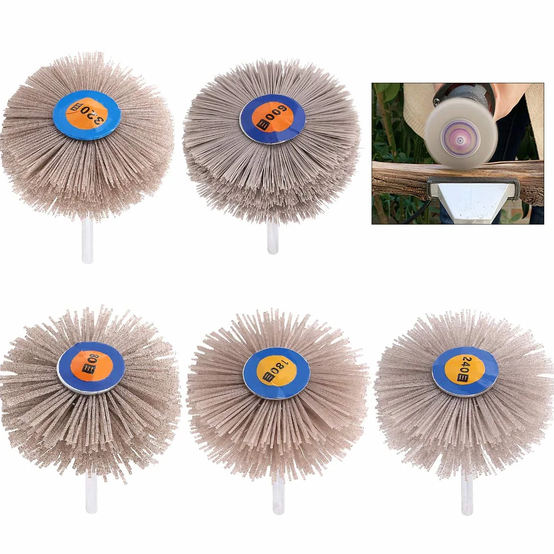 Swpeet 5 Stück 5 Größen 80# 180# 240# 320# 600# Nylon Radbürste Schleifkopf mit 6 mm Gewindeschaft Sortiment Kit Schleifmopp Schleifscheibe zum Polieren, Entfernen von Rost und Lackieren