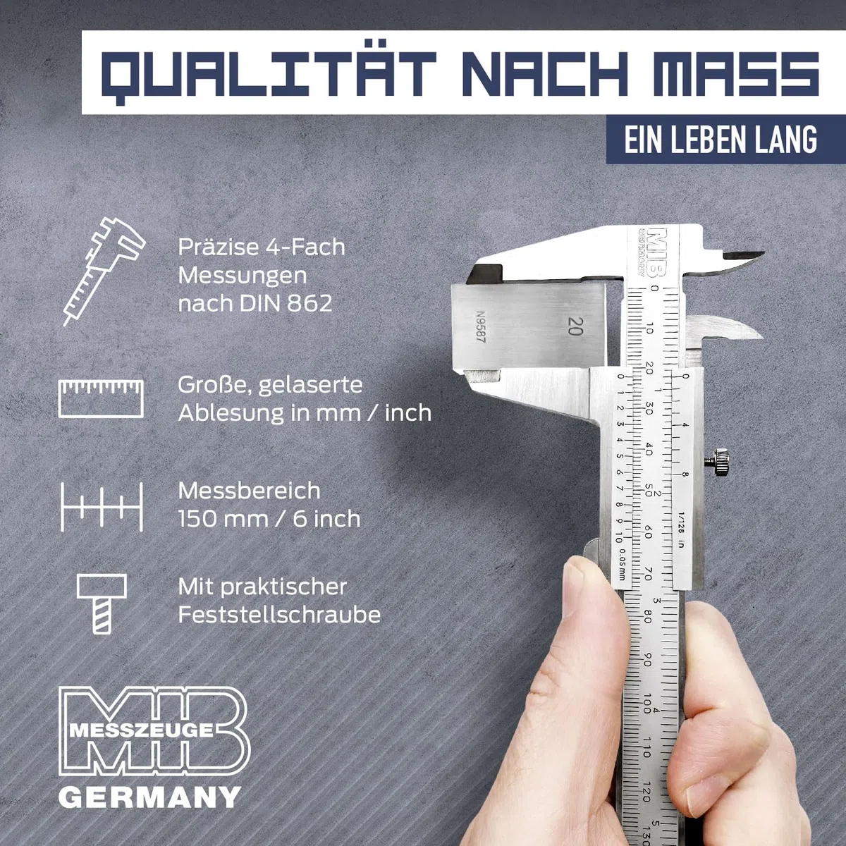 MIB Messschieber mit Feststellschraube DIN 862 150mm | Schieblehre rostfreier Stahl | Analog Messschieber | Schublehre mattverchromt | Präzisions-Messgerät für 4-fach Messung | Messwerkzeug