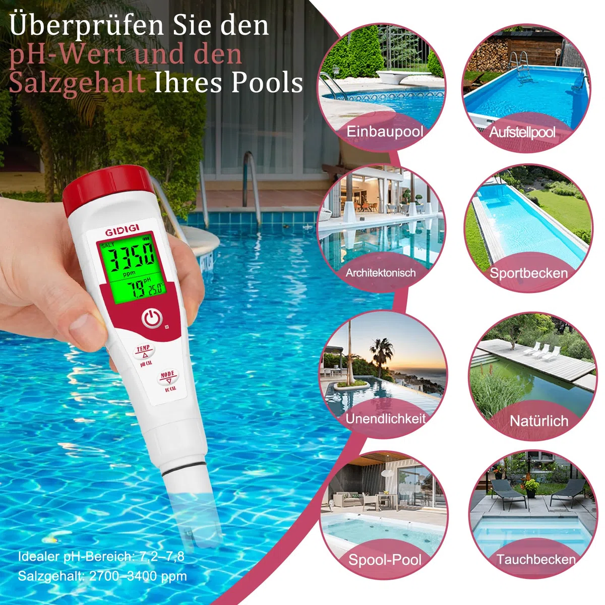 Pool Salt Meters,pH Meter for Water, 5-in-1 Salinity Meter with Display of Multiple Parameters, TDS EC Salt tester for Swimming Pools, Spas, Aquariums