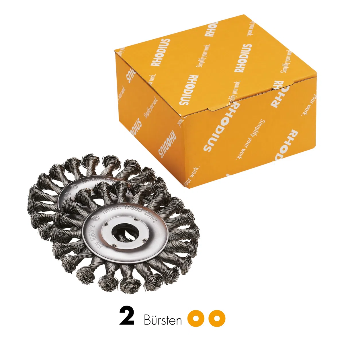 RHODIUS SRBZ | 2 Stück Ø 125 mm Rundbürste Winkelschleifer | Stahl, Metall | 0,5 mm Draht gezopft | Scheibenbürste, Zopfbürste, Reinigungsbürste | Reinigen, Entrosten
