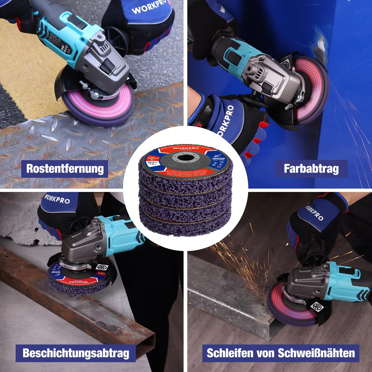 WORKPRO 6 Stück CSD Scheibe 125 mm Schleifscheiben Set, Reinigungsscheiben für Winkelschleifer zum Entfernen von Rost & Farbe, abrasive Winkelschleifer Scheiben zur Grobreinigung