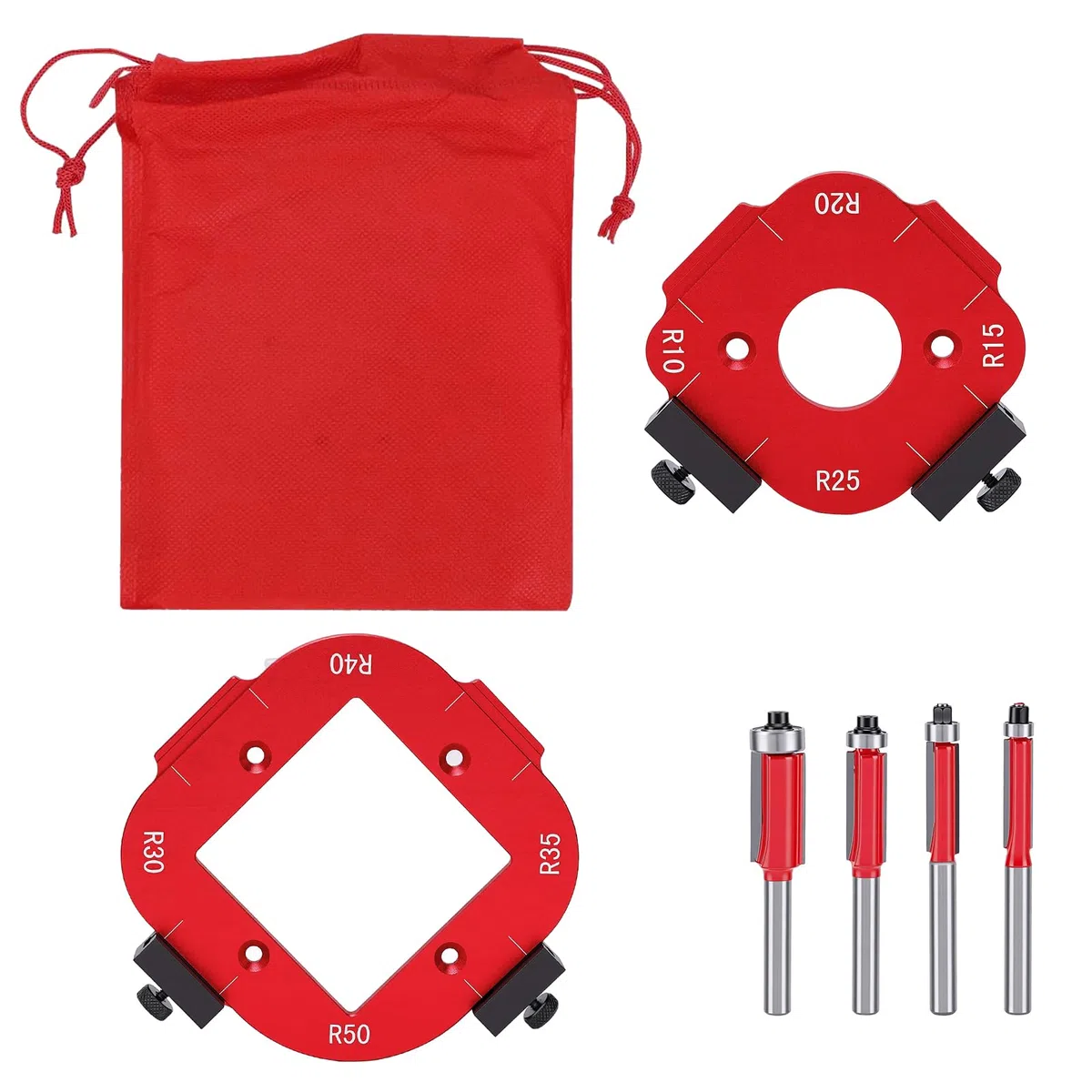 Frässchablone für Oberfräse, 2 Stück Radius Jig Router Schablone, Aluminiumlegierung Ecke Radius Schablone mit 4 Bündigfräser für Holzbearbeitung R10 R15 R20 R25 R30 R35 R40 R50
