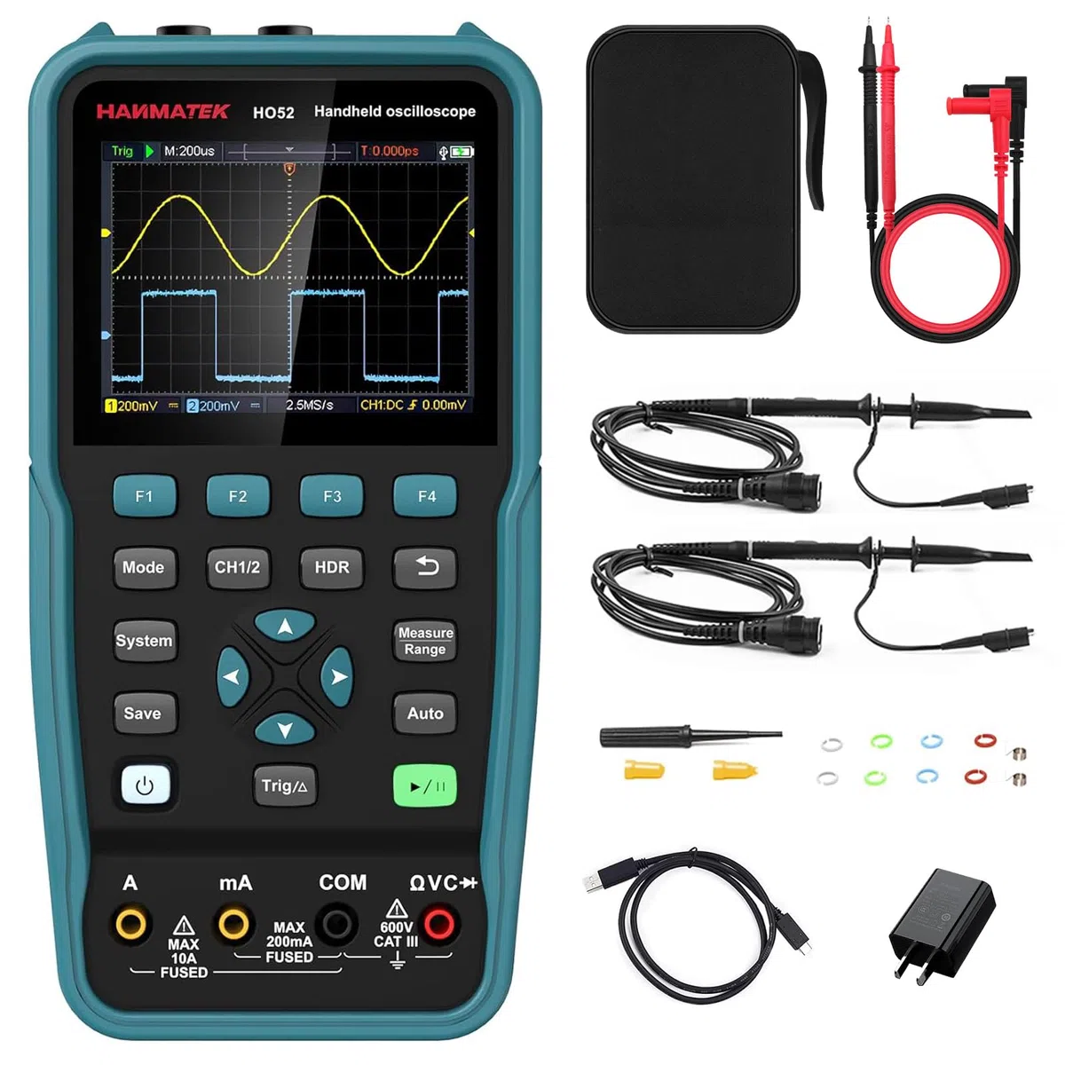 Digitales Oszilloskop,HANMATEK Handheld-Digitaloszilloskop HO52 50Mhz Bandbreite, 2 Kanal 2 in 1 Oszilloskop und Multimeter Mini-Oszilloskop