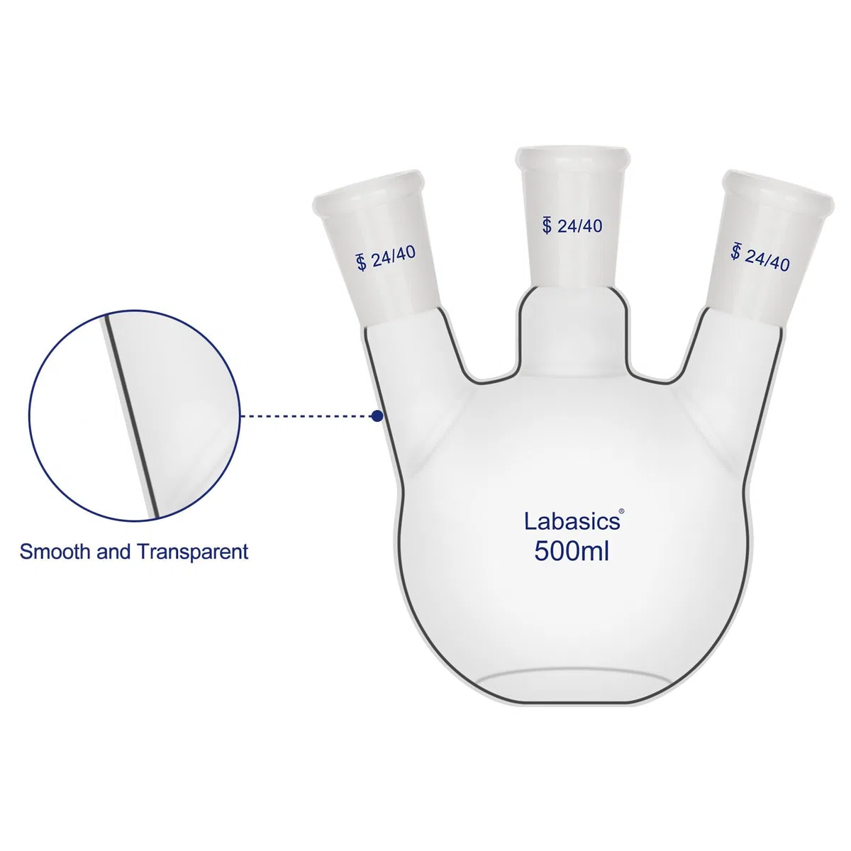 Labasics 3-Hals-Kolben mit Rundboden, Borosilikatglas, 24/40 Schliffe, für Laborexperimente, Destillation und Rückfluss, 500ml
