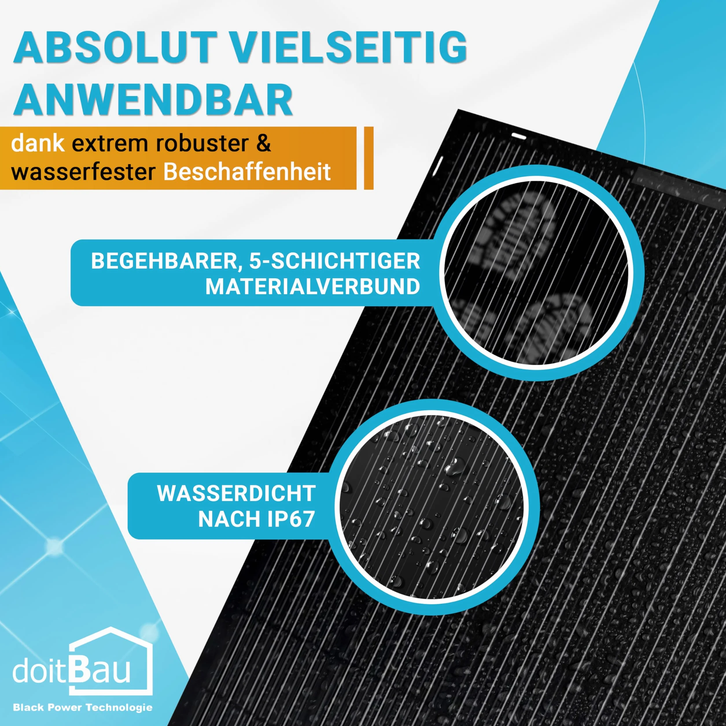 doitBau - Flexibles Solarpanel 200 Watt Full-Black mit Befestigung DB200FLEX I Anschlussbox vorne I Solarmodule für Balkonkraftwerk, Camping, Boot I Mit 19,5% Wirkungsgrad I Solarmodul begehbar