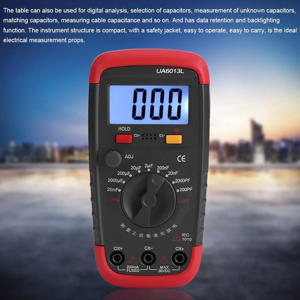 Digitales Kapazitätsmessgerät, Multimeter, Professioneller Kondensator Tester, 0.1pF - 20000uF mit LCD Hintergrundbeleuchtung und Sicherheitsmantel Max 1999 Display