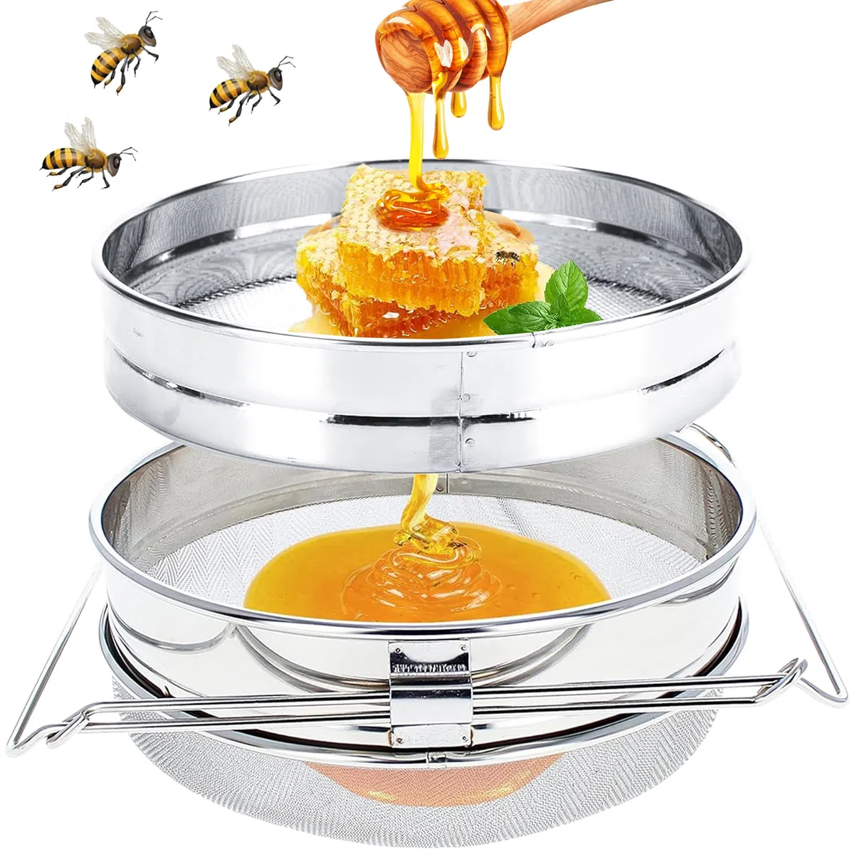 ZONSUSE Edelstahl Honigsieb, Doppelsieb Netzfilter, Bienenzucht Extraktionswerkzeuge mit Verstellbaren Griffen, Imkereiausrüstung, Honig Ernten und Extrahieren, Ideal für Imker