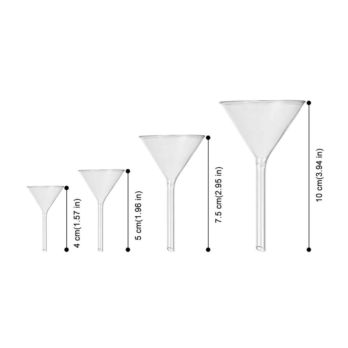 ULTECHNOVO Glastrichter Set 4-teilig aus Borosilikatglas, kurzer Stiel & feuerpolierter Rand für präzises Umfüllen kleiner Flüssigkeitsmengen in Labor, Chemie & Essenzflaschen