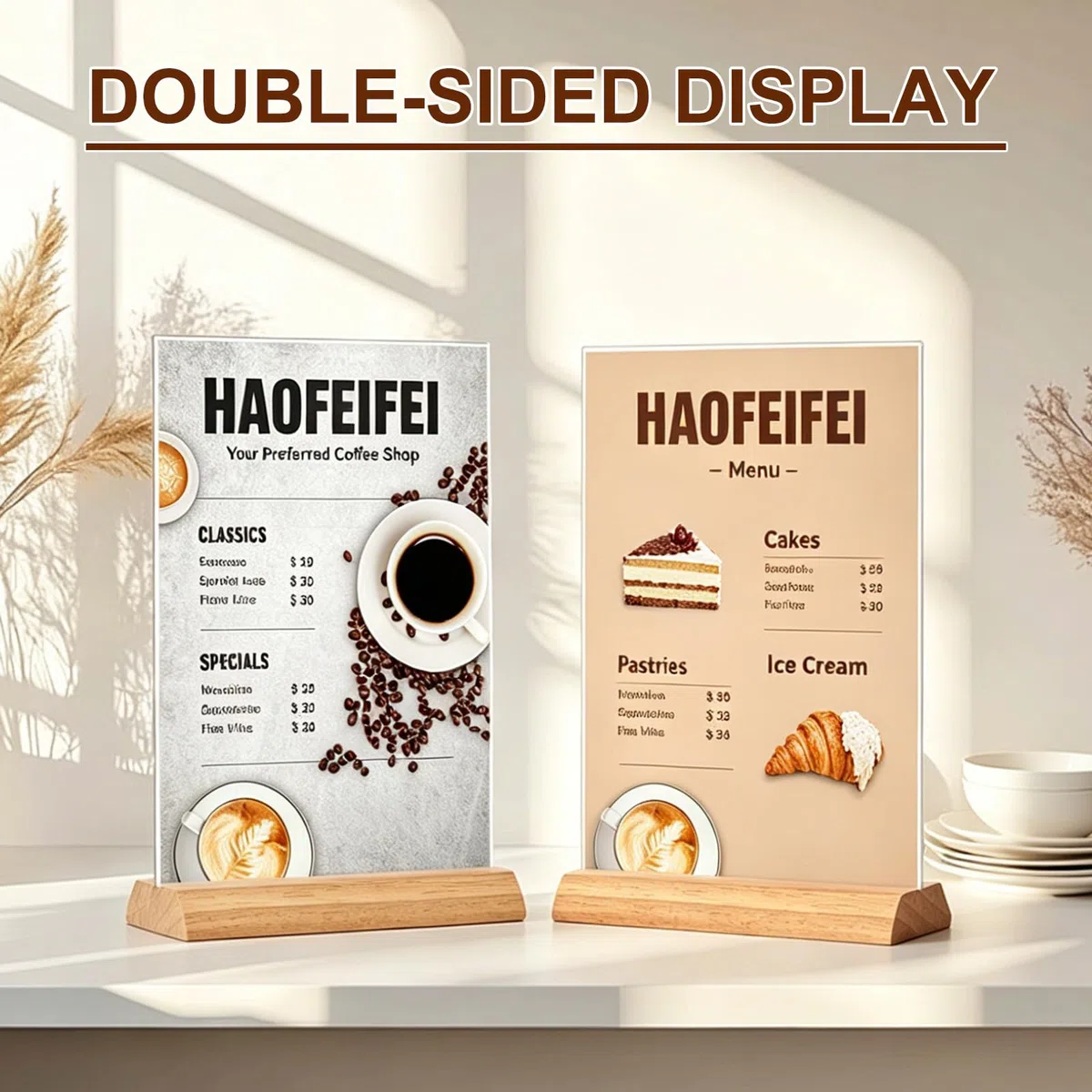 Acryl Tischaufsteller A4 mit Holzsockel 5 Stück, Beidseitiger Menükartenhalter A4 Tischständer, T-Form Tischdisplay Werbeaufsteller für Gaststätte Café Hotel Kneipe Bar