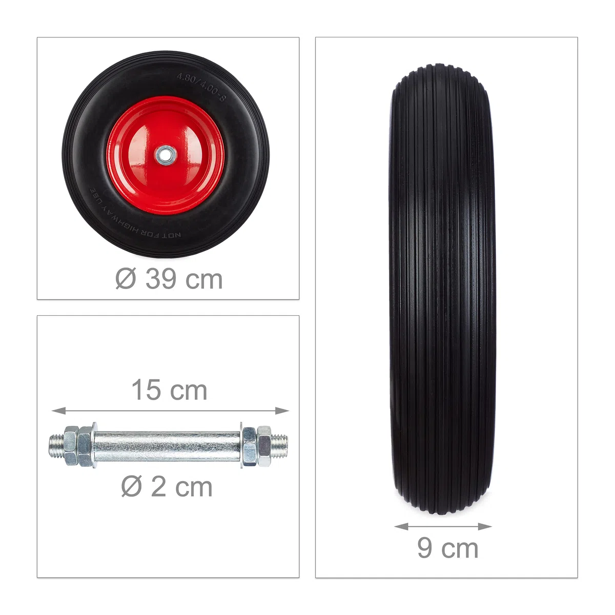 Relaxdays, schwarz Schubkarrenrad Vollgummi mit Achse, 4.80 4.00-8 Gummirad, pannensicher, 100kg Tragkraft Ersatzrad, rot, 10022852_46