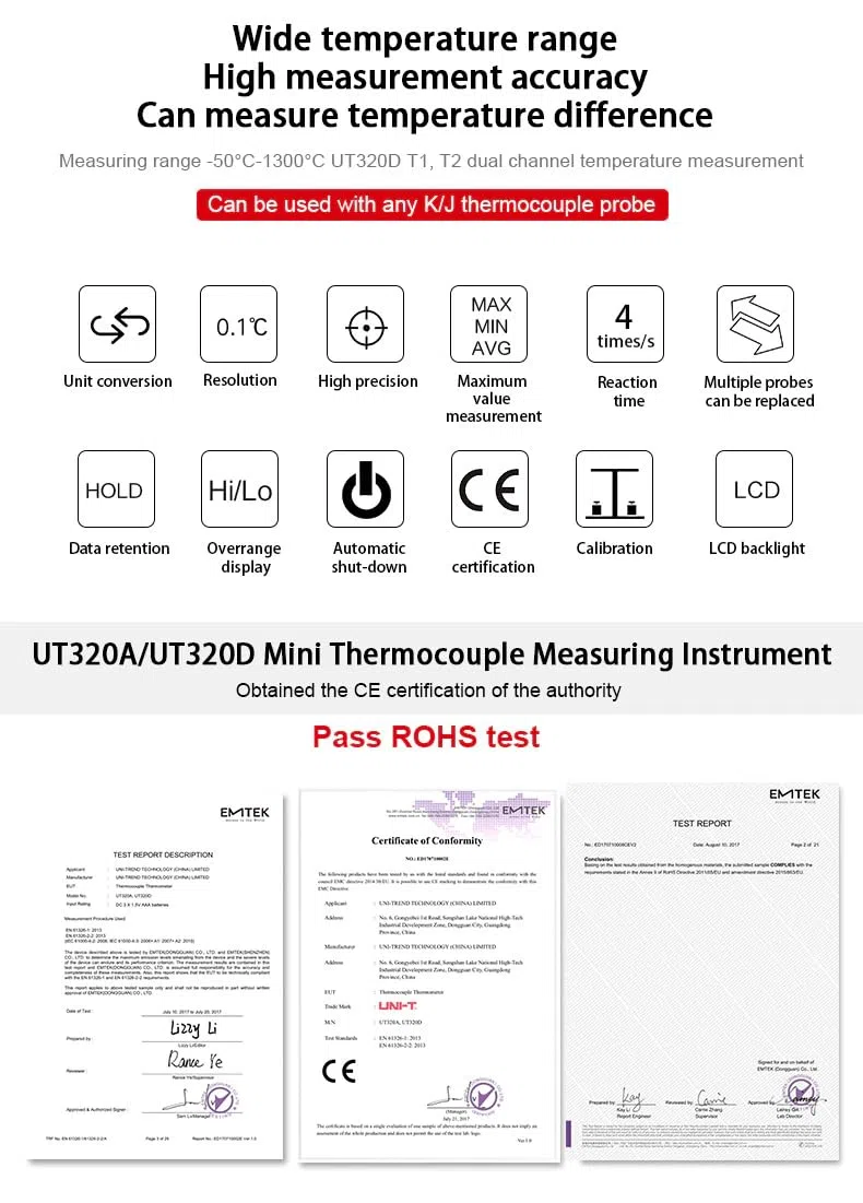 UNI-T Uni-trend Industrialthermometer UT320A Digital Thermometer : Mini Dual Thermocouple Typ K J High Temperature Meter -50℃ to 1200℃ Tester