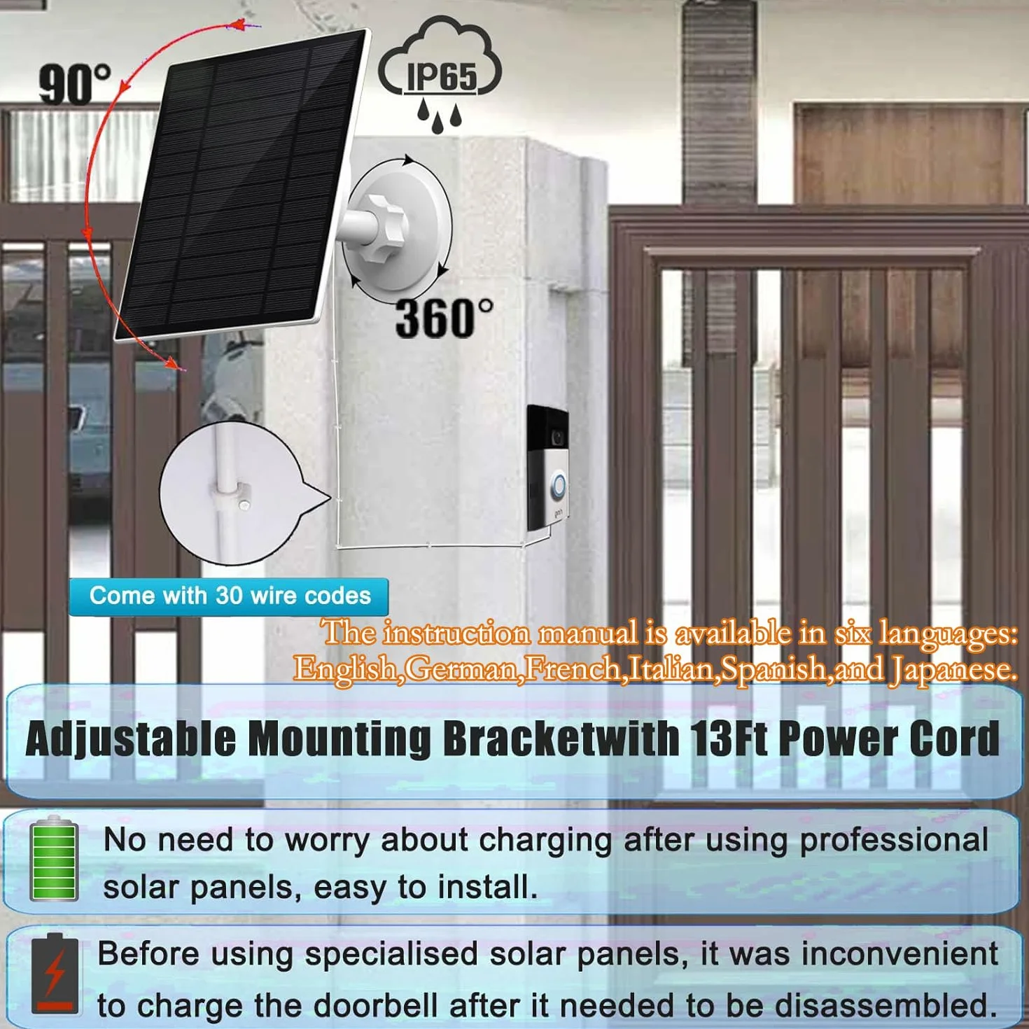 3 W Solarpanel mit eingebautem 4000 mAh Akku, IP65, 4,02 m Ladekabel, nur kompatibel mit Ring Video Türklingel 3/4/3 Plus, Ring Akku Türklingel Plus/Pro Kamera, einfache Installation