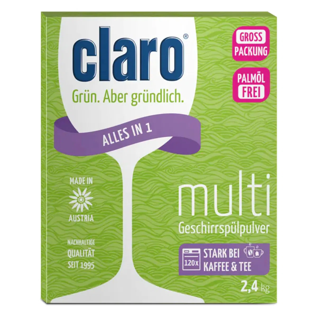 claro Multi Alles-in-1 Geschirrspül-Pulver - Geschirrspülpulver - Phosphatfrei - Vegan - Ecolabel - Umweltfreundlich - Palmöl-Frei - Großpackung - Sparpackung mit 120 Waschladungen